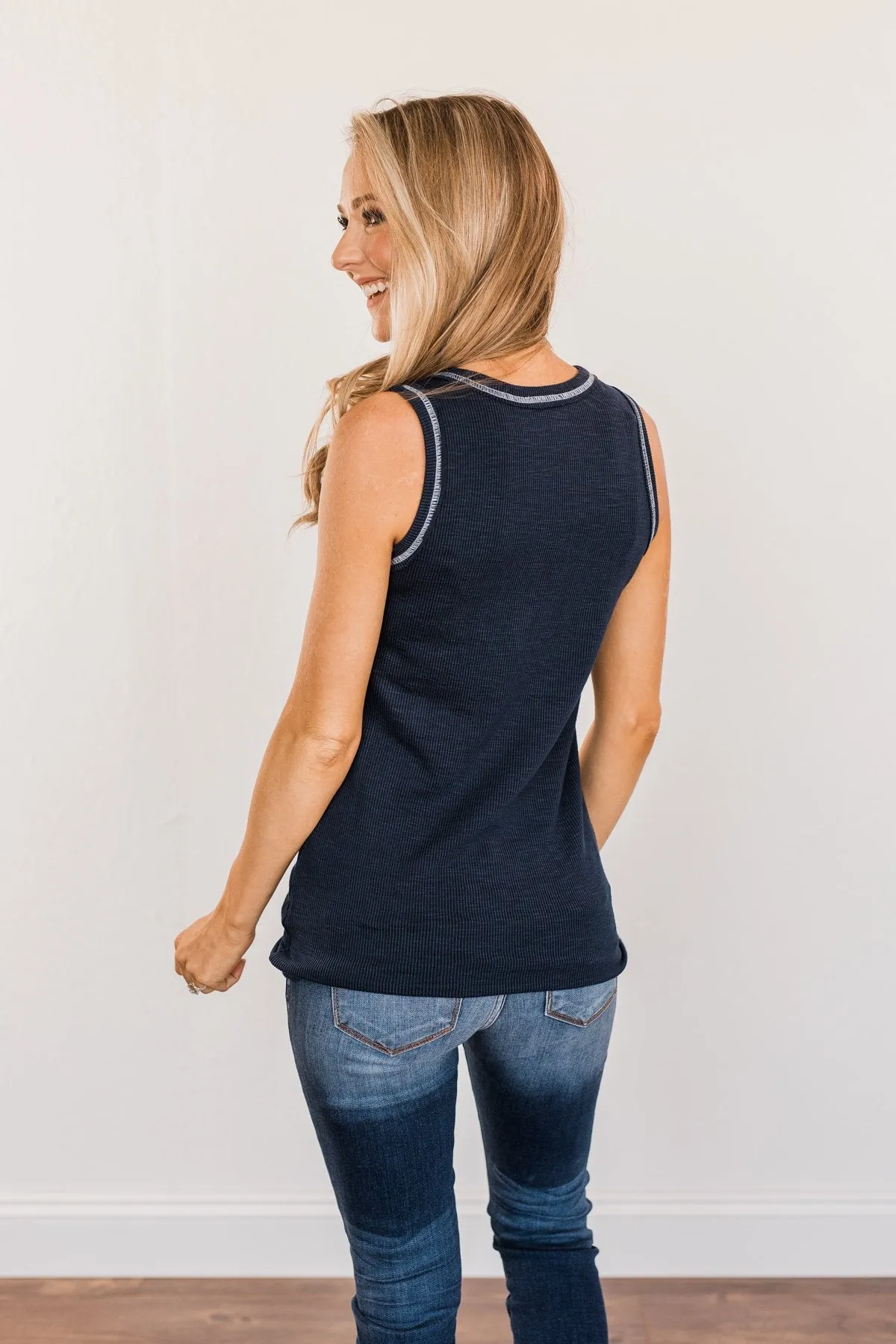 Wishful Thinking Button Henley Tank Top- Navy