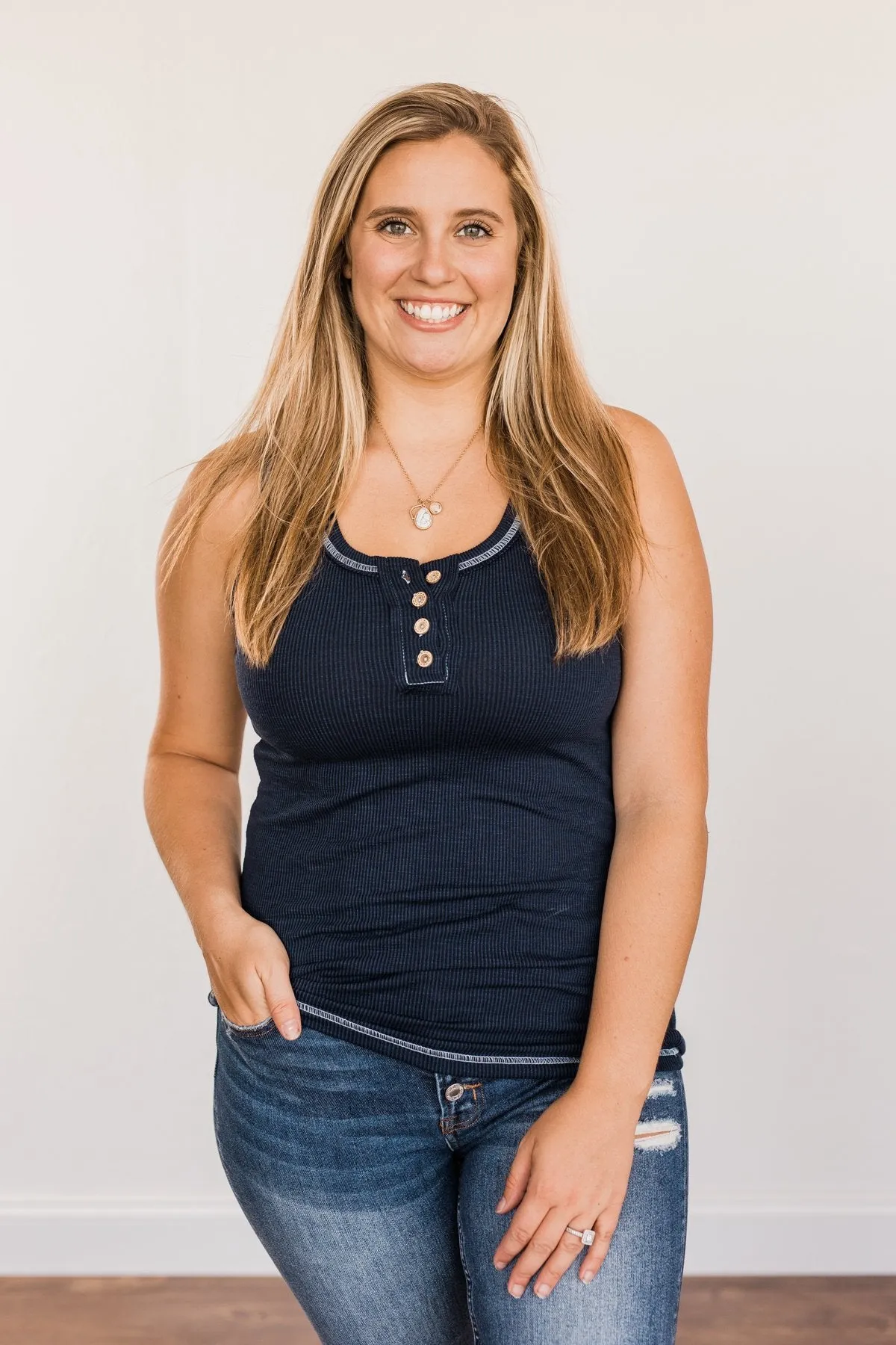 Wishful Thinking Button Henley Tank Top- Navy