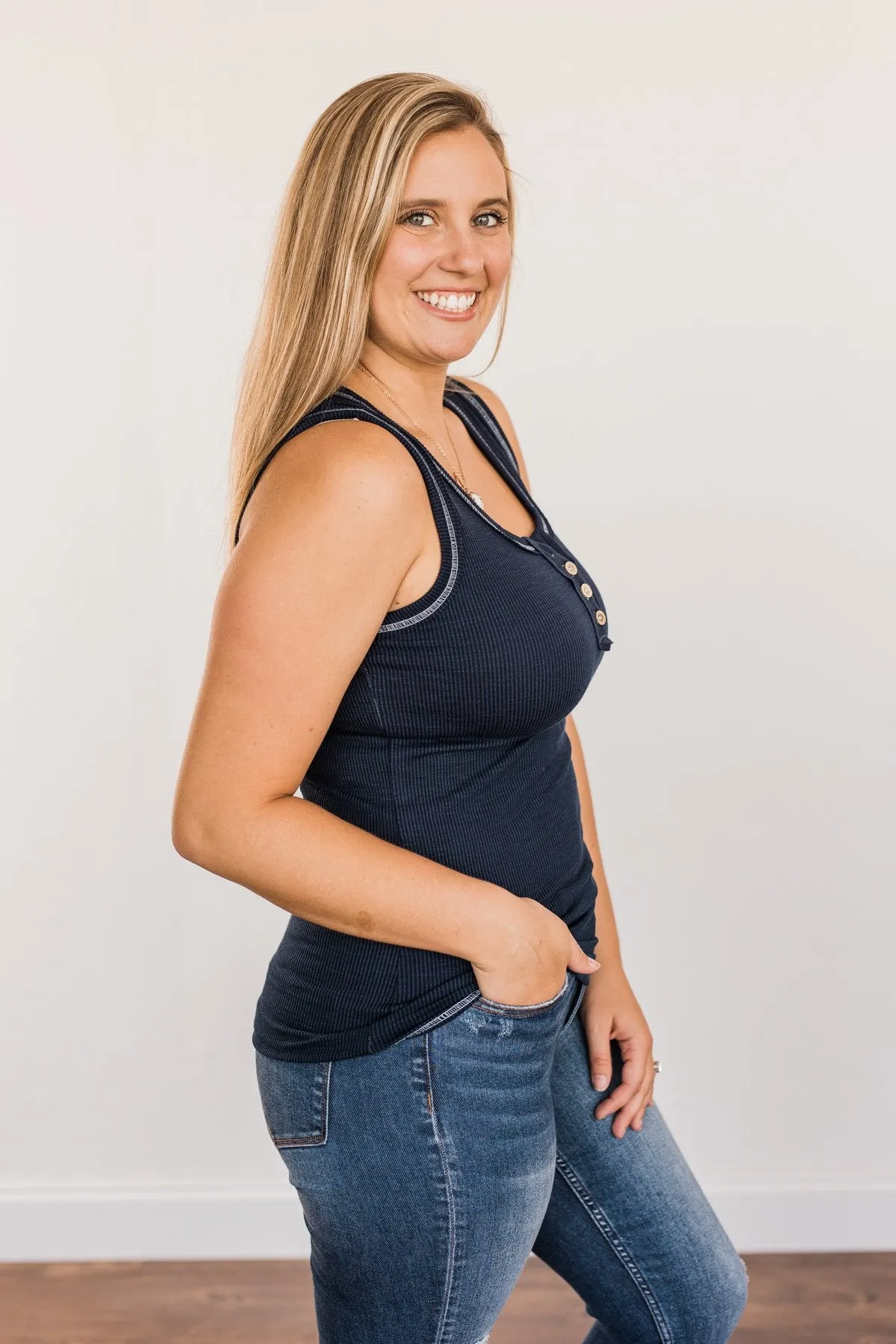 Wishful Thinking Button Henley Tank Top- Navy