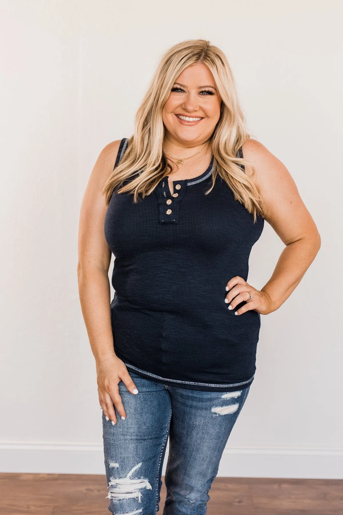 Wishful Thinking Button Henley Tank Top- Navy