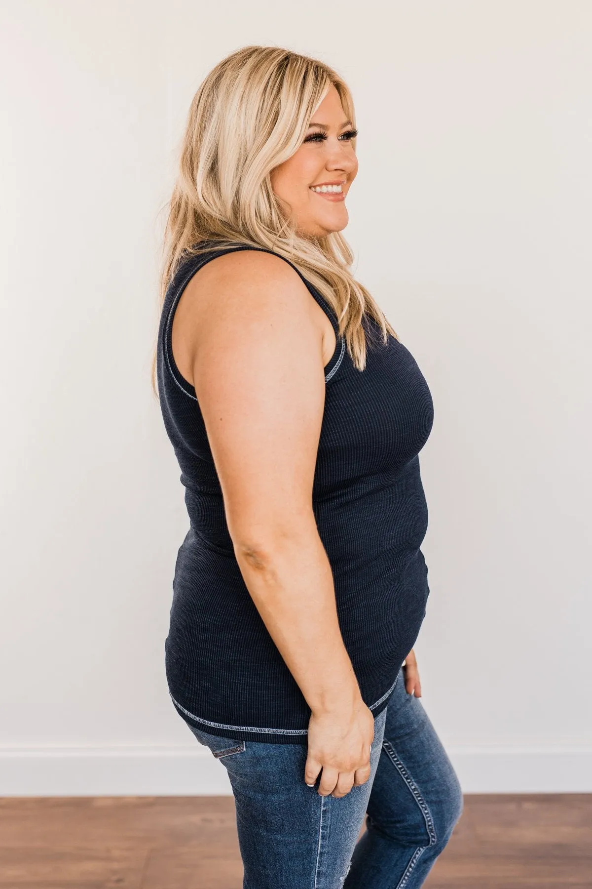 Wishful Thinking Button Henley Tank Top- Navy