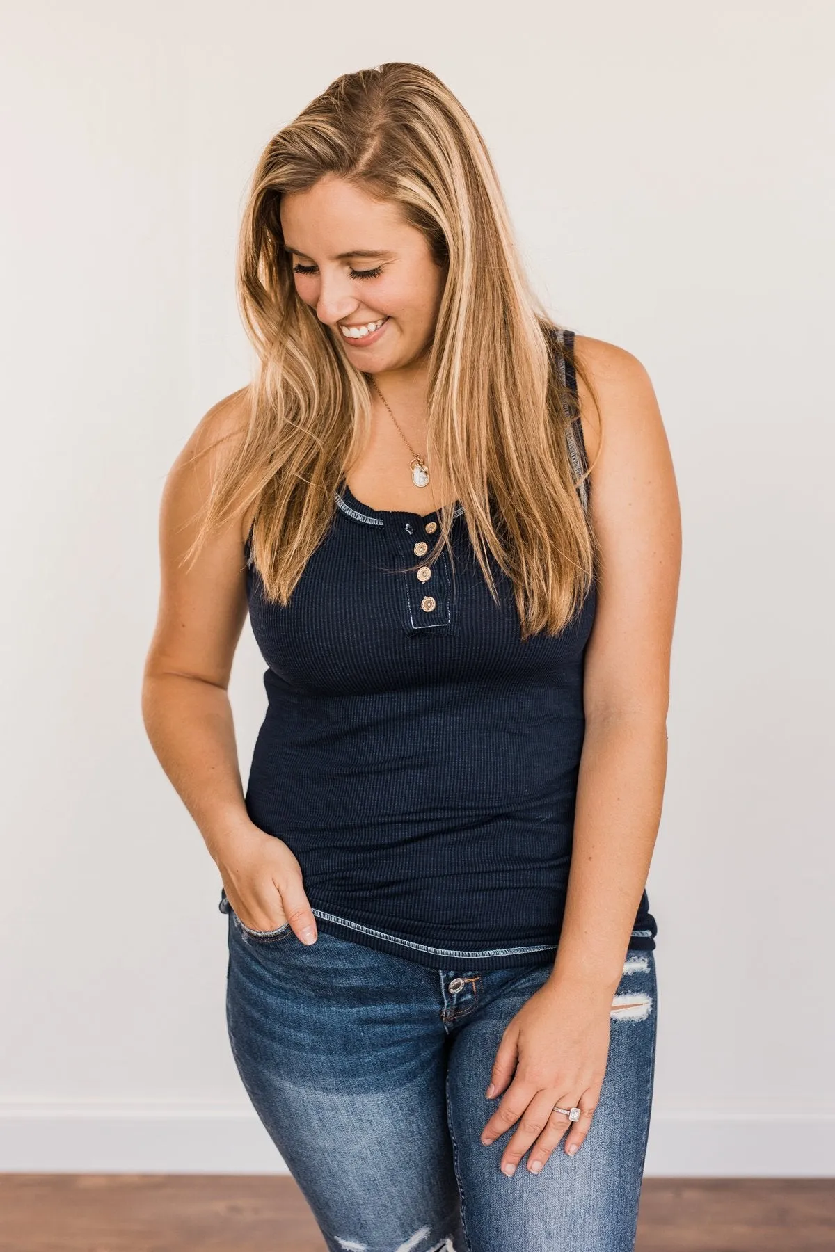 Wishful Thinking Button Henley Tank Top- Navy