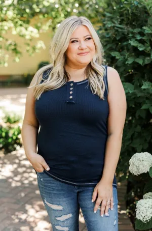 Wishful Thinking Button Henley Tank Top- Navy