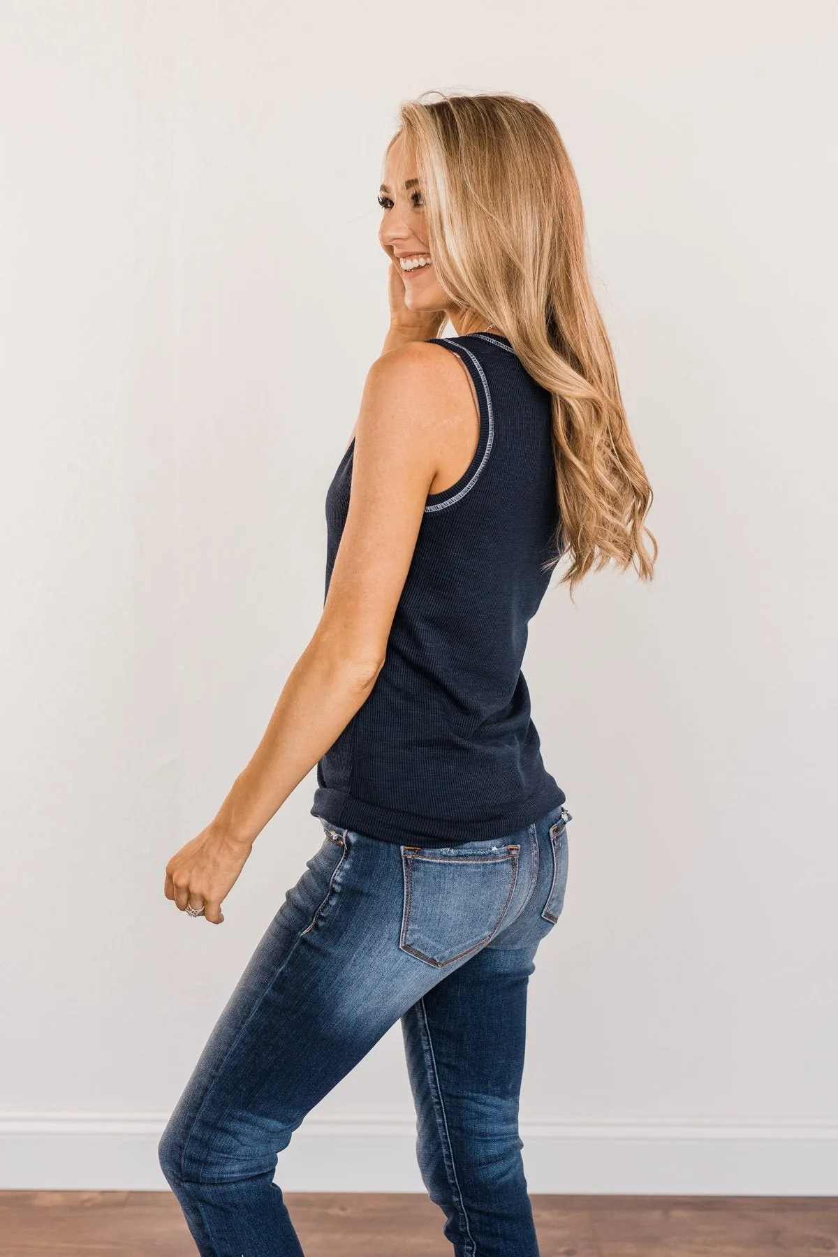 Wishful Thinking Button Henley Tank Top- Navy