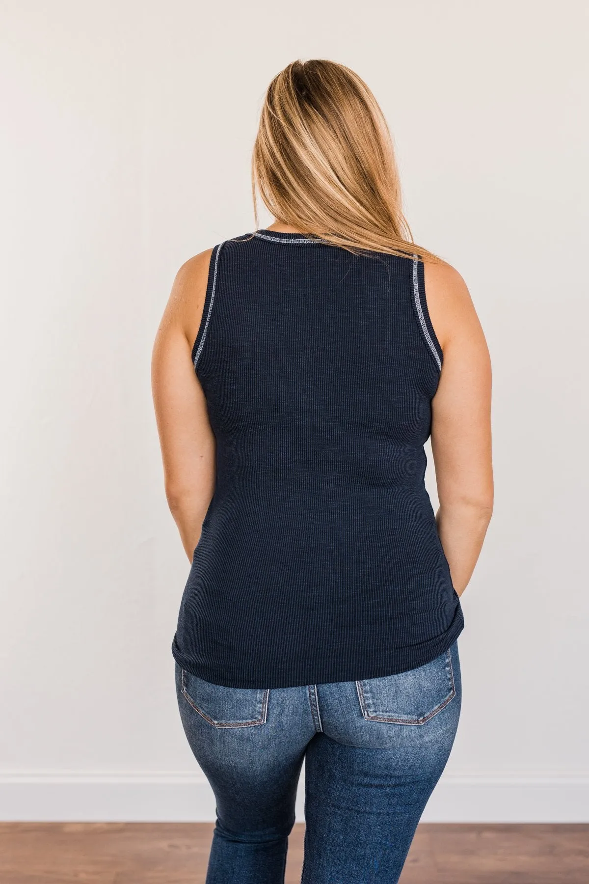 Wishful Thinking Button Henley Tank Top- Navy