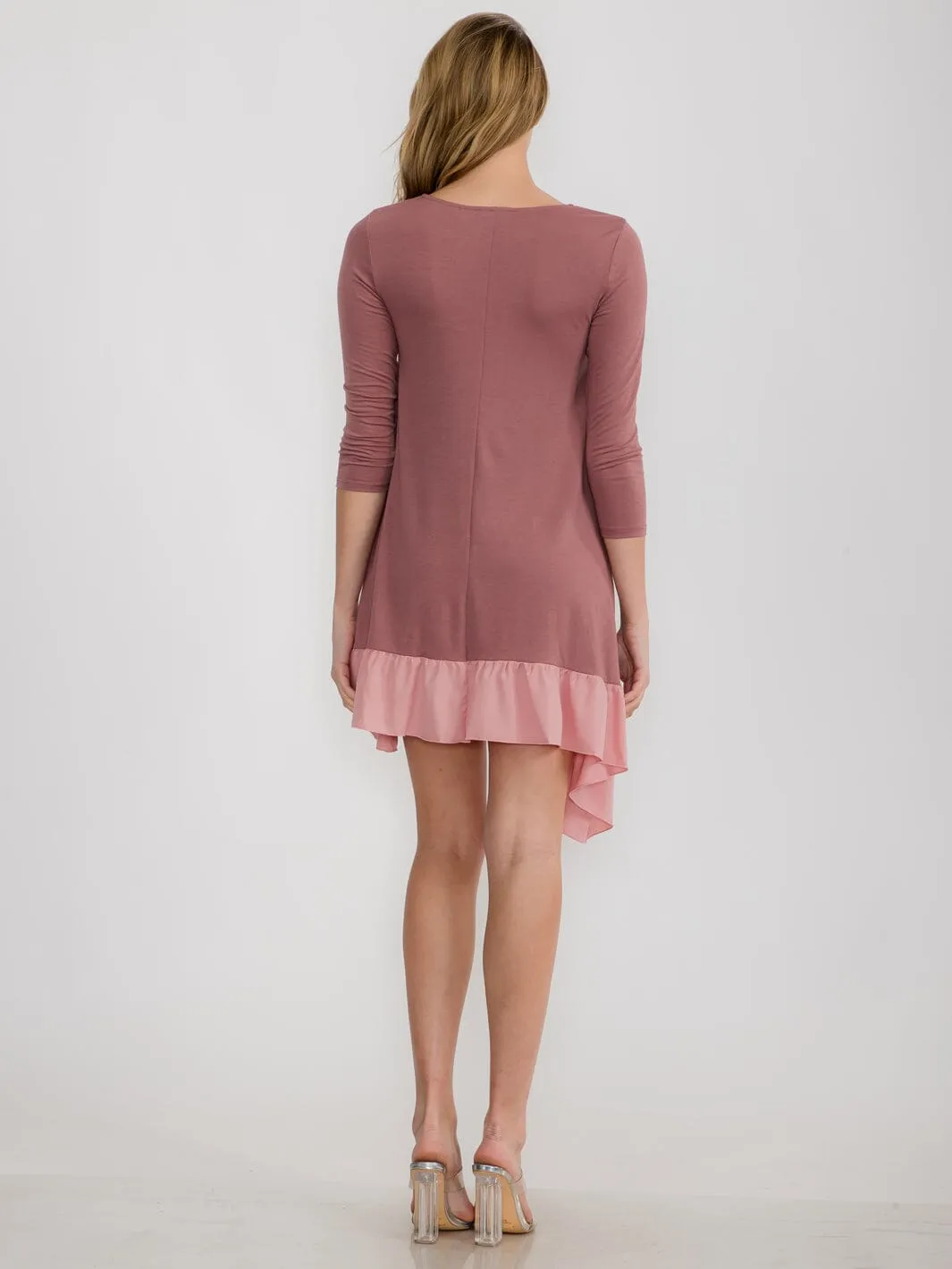 WOMEN'S 3/4 SLEEVE LOOSE FIT RUFFLE DETAILED HIGH-LOW MINI DRESS