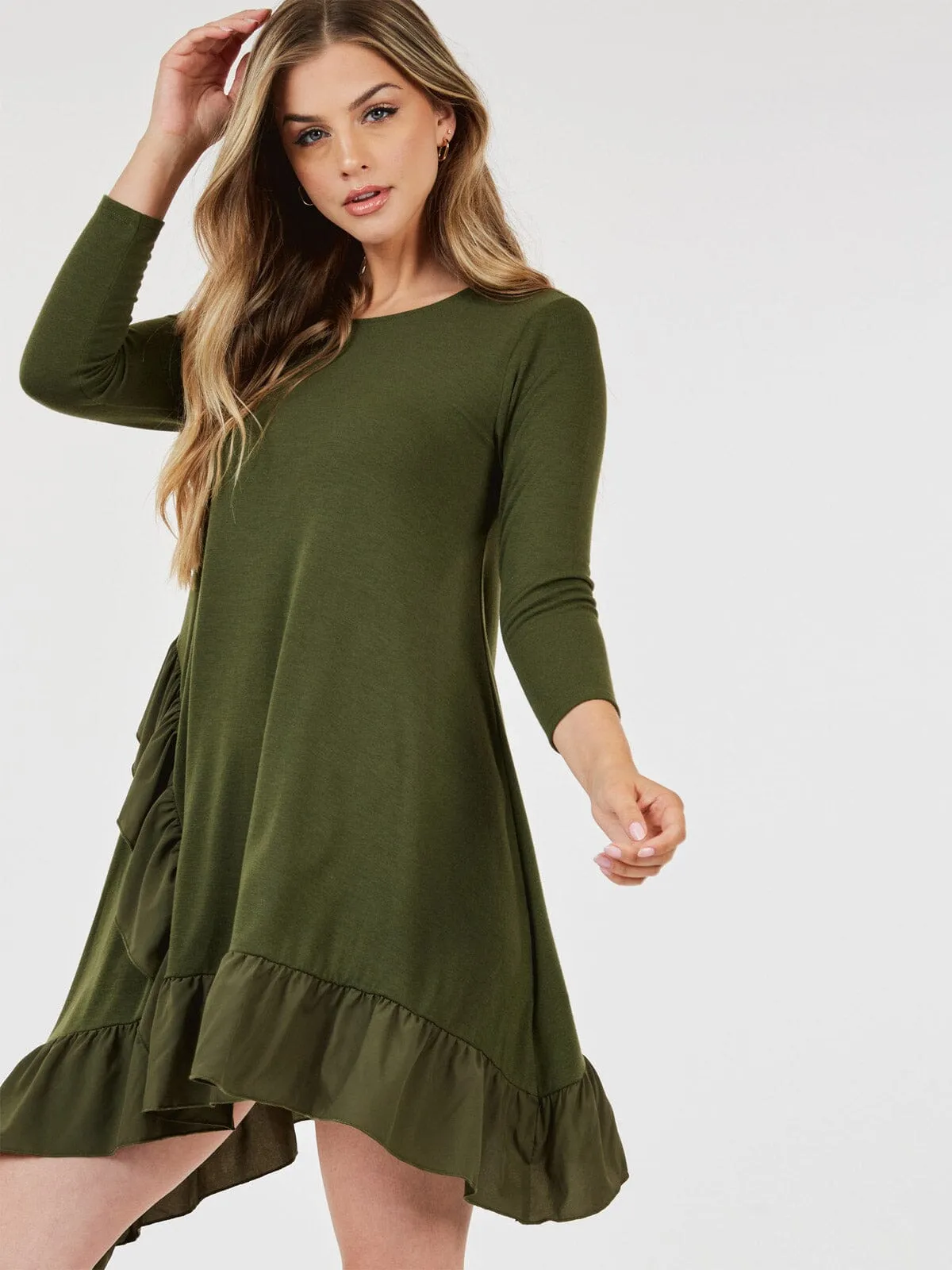WOMEN'S 3/4 SLEEVE LOOSE FIT RUFFLE DETAILED HIGH-LOW MINI DRESS