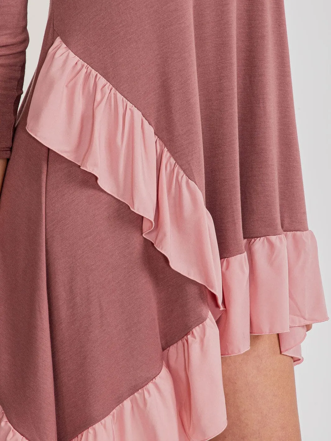 WOMEN'S 3/4 SLEEVE LOOSE FIT RUFFLE DETAILED HIGH-LOW MINI DRESS