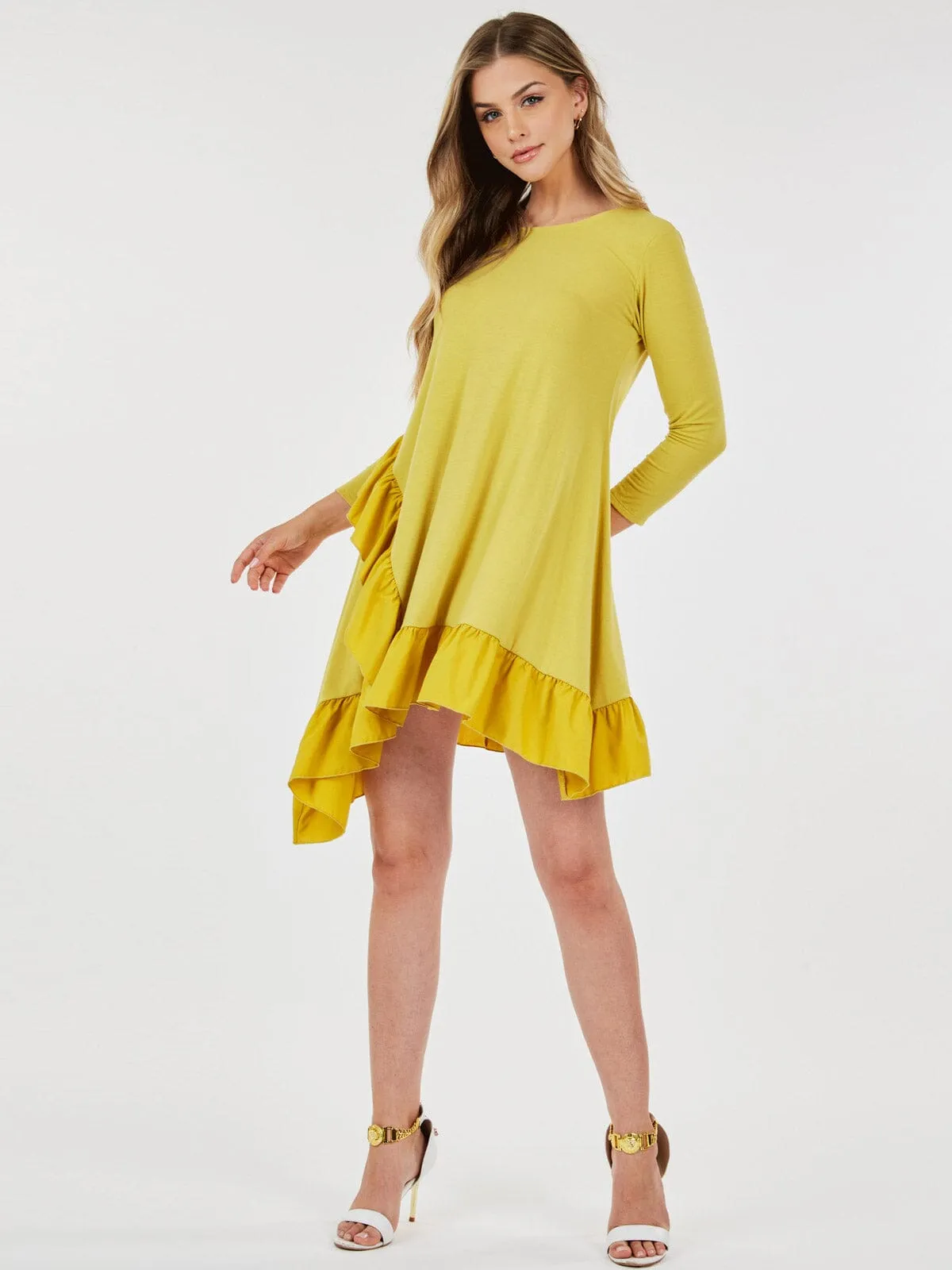 WOMEN'S 3/4 SLEEVE LOOSE FIT RUFFLE DETAILED HIGH-LOW MINI DRESS