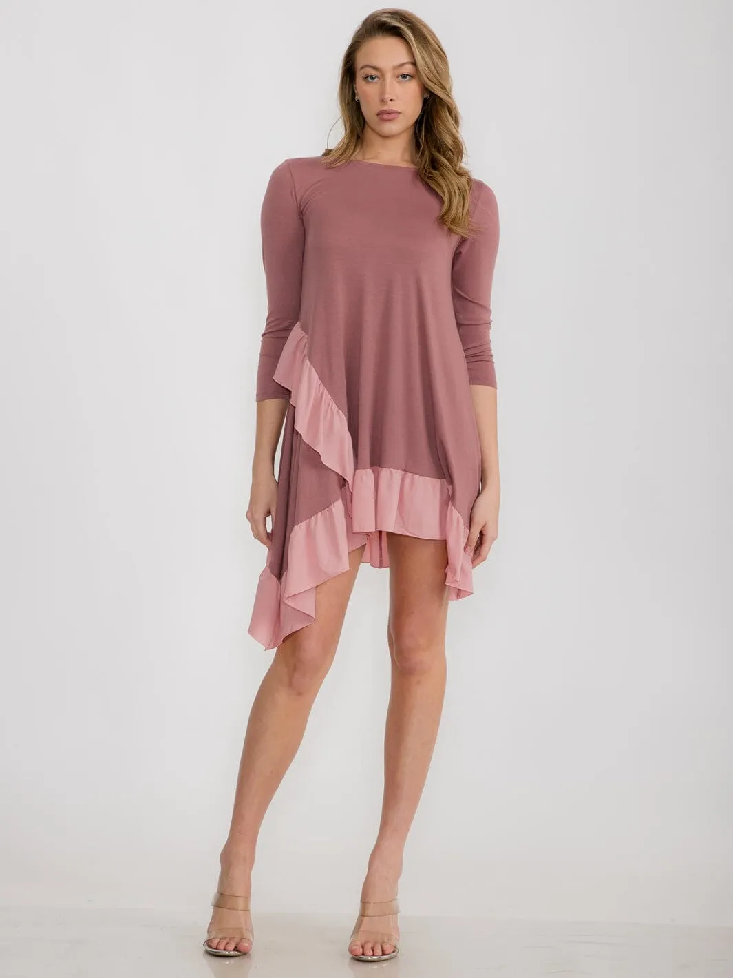 WOMEN'S 3/4 SLEEVE LOOSE FIT RUFFLE DETAILED HIGH-LOW MINI DRESS