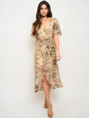 WOMEN'S ANIMAL PRINT RUFFLE WRAP MIDI DRESS