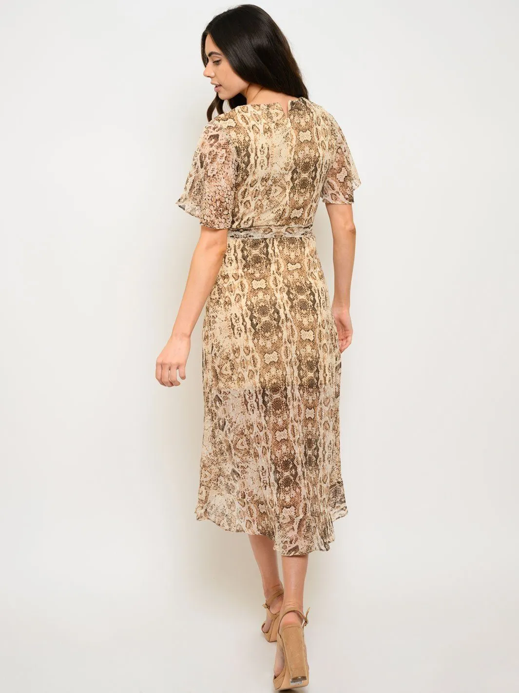 WOMEN'S ANIMAL PRINT RUFFLE WRAP MIDI DRESS