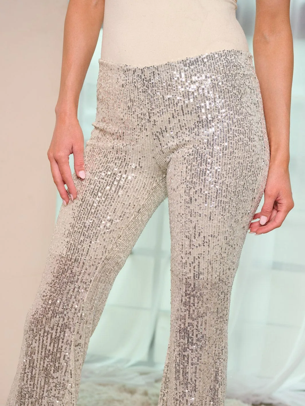 WOMEN'S ELASTIC WAIST SEQUINS BELL LEG PANTS