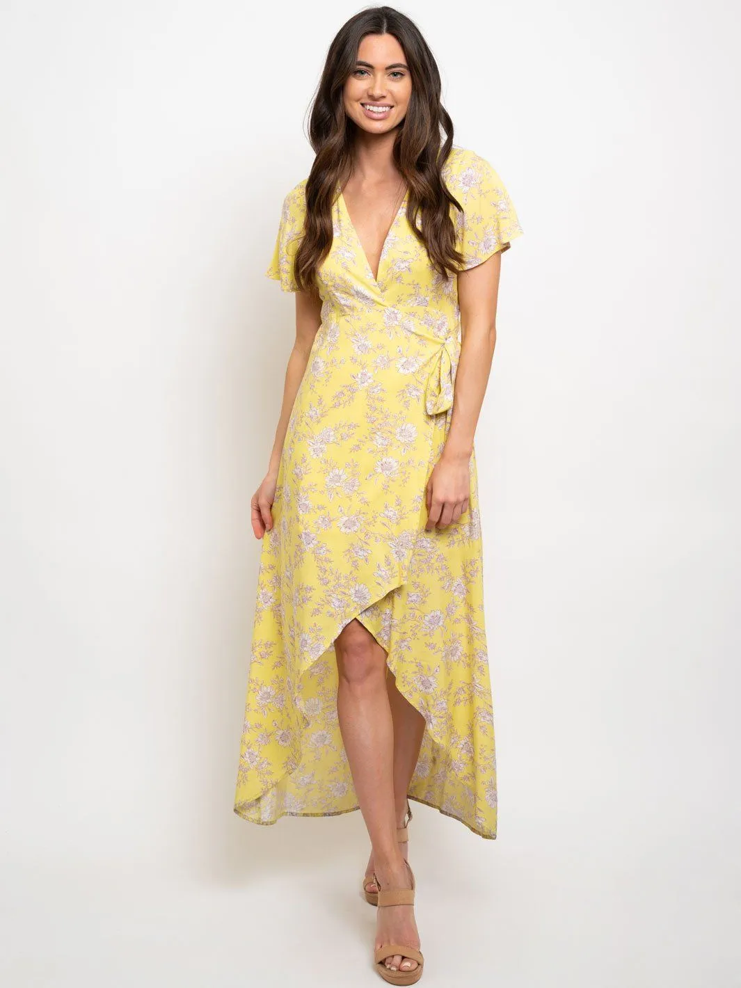 WOMEN'S FLORAL HI-LOW WRAP MAXI DRESS