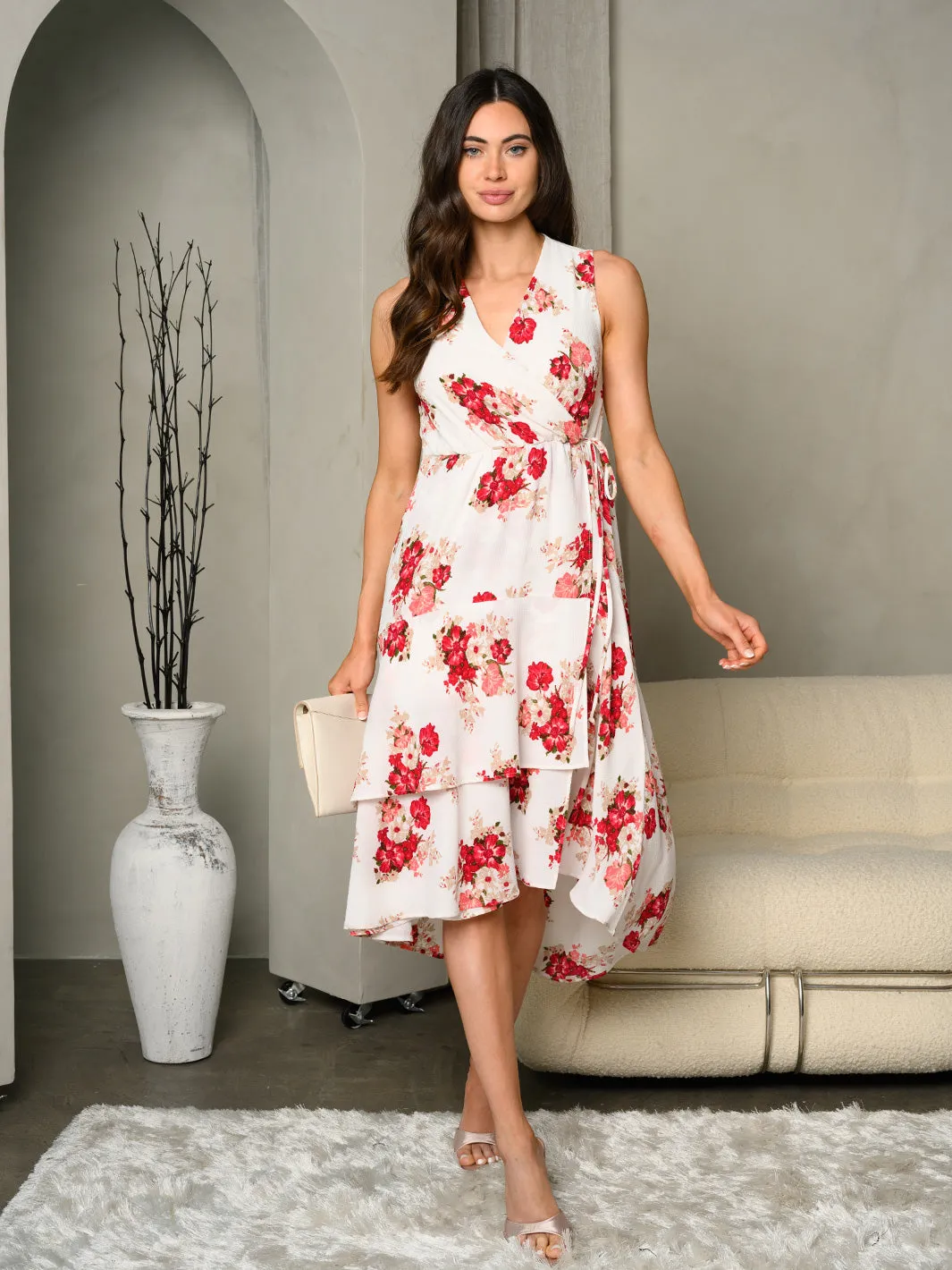 WOMEN'S FLORAL TROPICAL PRINT SURPLICE WOVEN MIDI DRESS