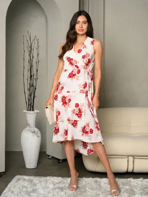 WOMEN'S FLORAL TROPICAL PRINT SURPLICE WOVEN MIDI DRESS