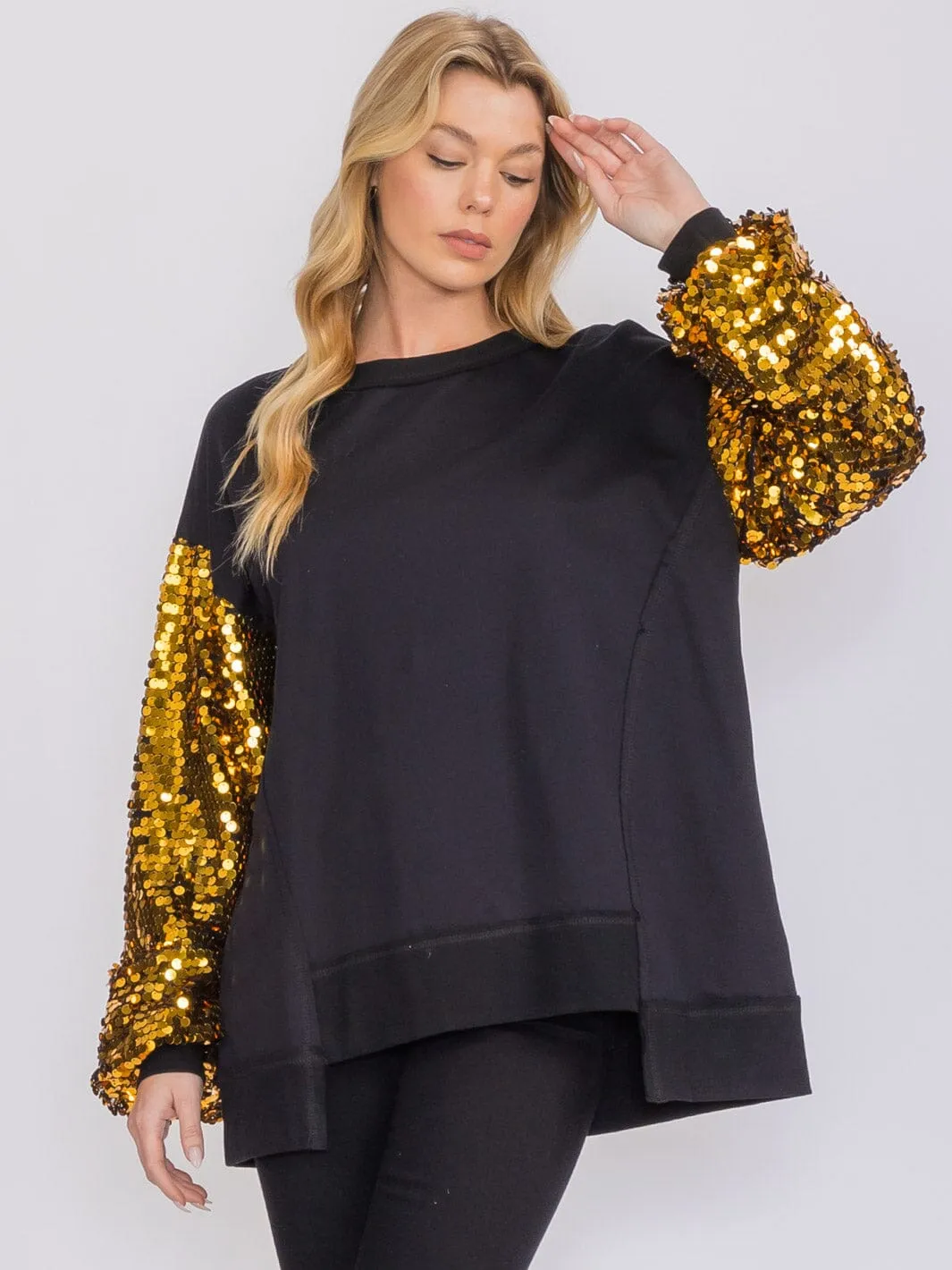 WOMEN'S LONG SEQUINS SLEEVES PULLOVER HIGH-LOW SWEATER