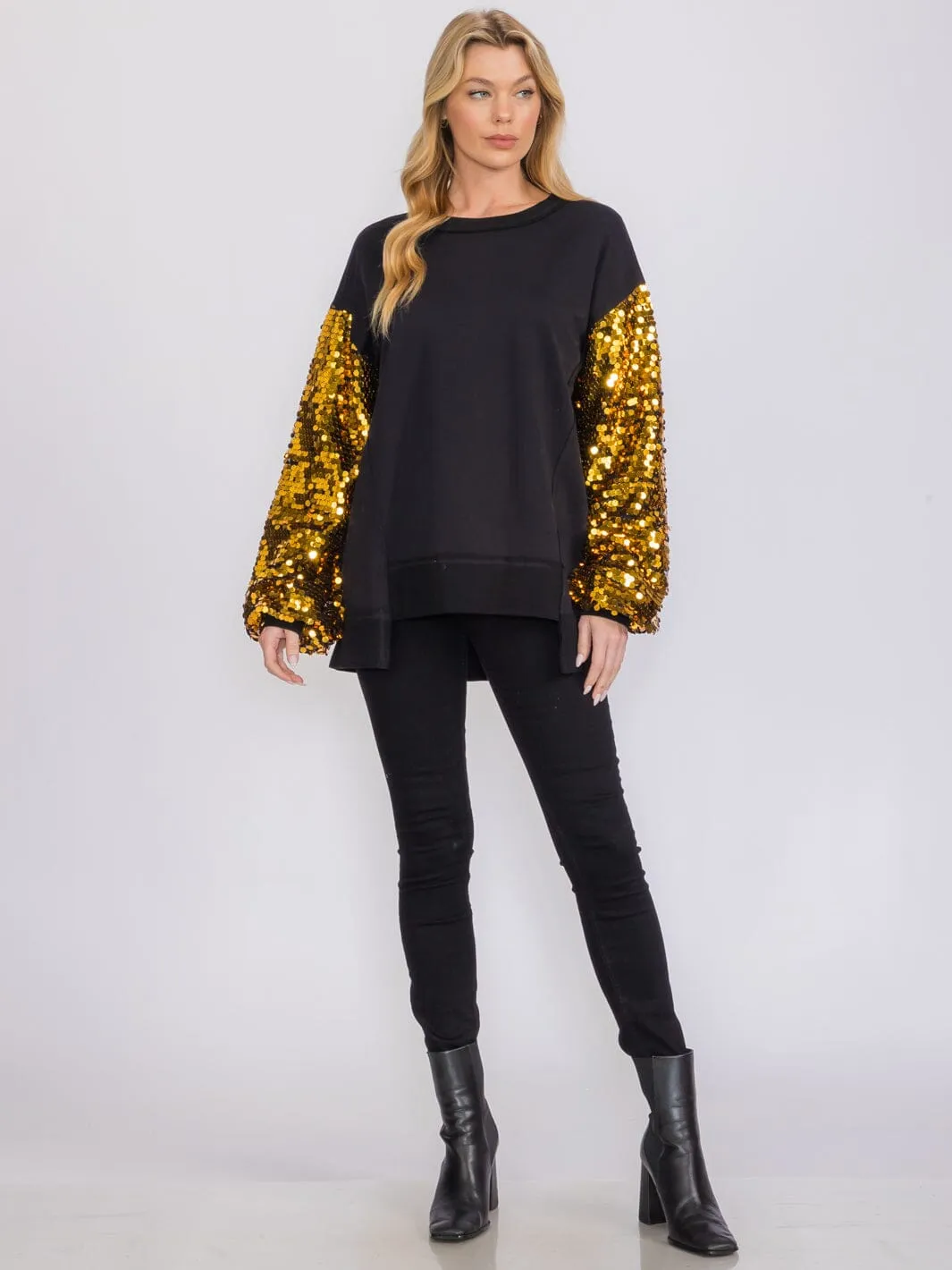 WOMEN'S LONG SEQUINS SLEEVES PULLOVER HIGH-LOW SWEATER