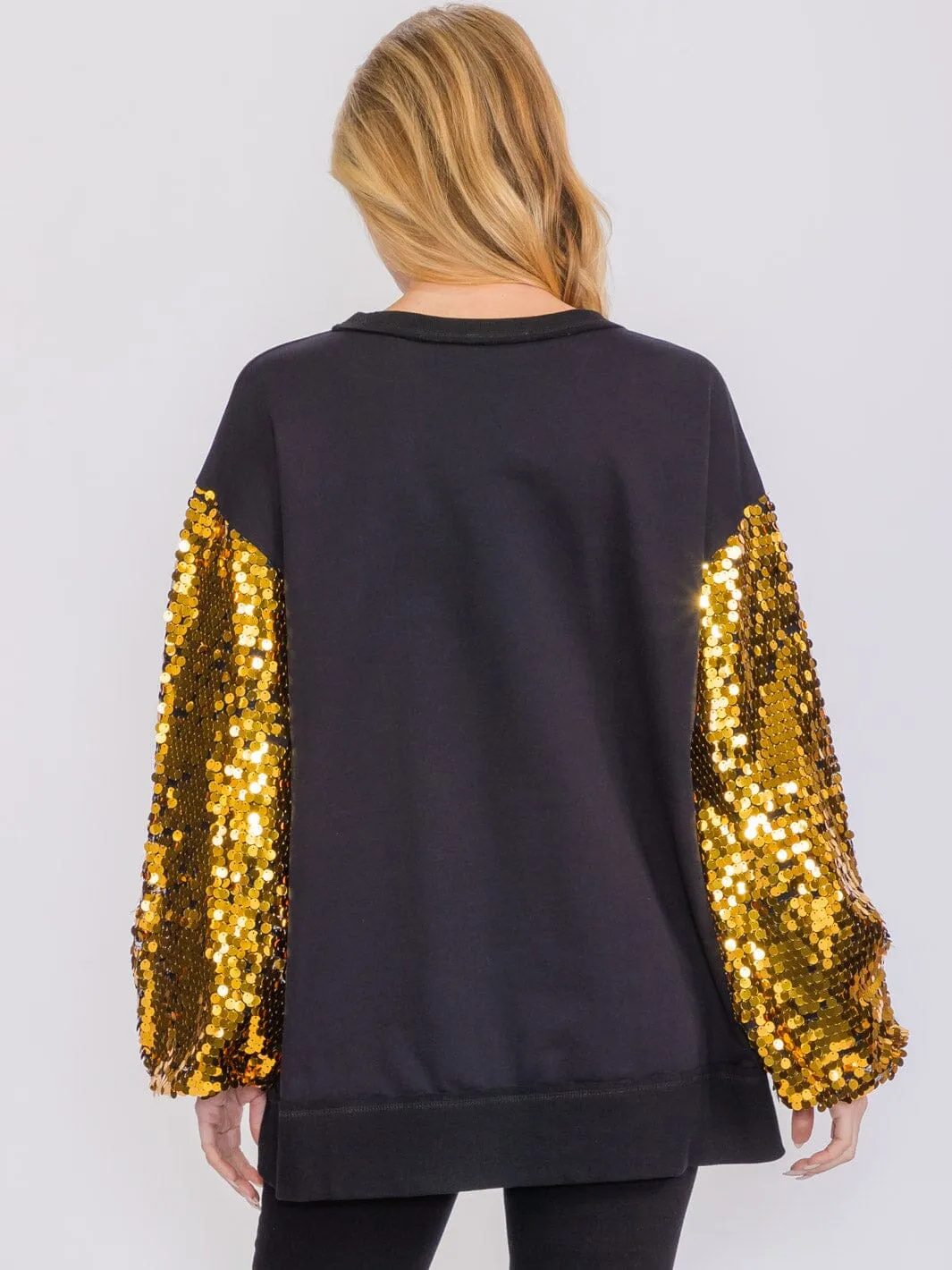 WOMEN'S LONG SEQUINS SLEEVES PULLOVER HIGH-LOW SWEATER