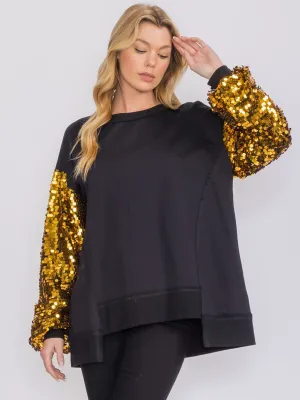 WOMEN'S LONG SEQUINS SLEEVES PULLOVER HIGH-LOW SWEATER