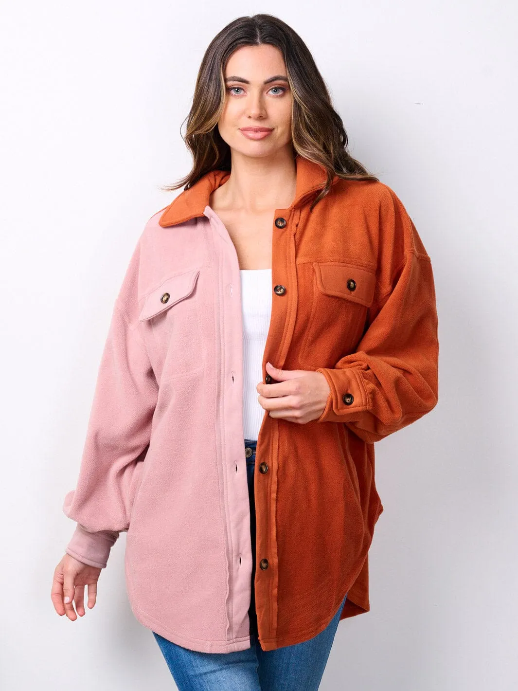 WOMEN'S LONG SLEEVE BUTTON UP POCKETS COLORBLOCK OVERSIZED TOP