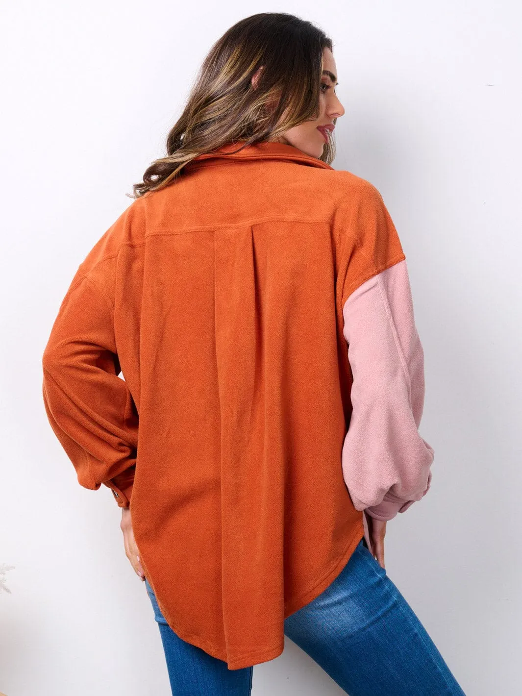 WOMEN'S LONG SLEEVE BUTTON UP POCKETS COLORBLOCK OVERSIZED TOP