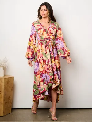 WOMEN'S LONG SLEEVE SELF TIE HIGH-LOW FLORAL PRINT SURPLICE MIDI DRESS
