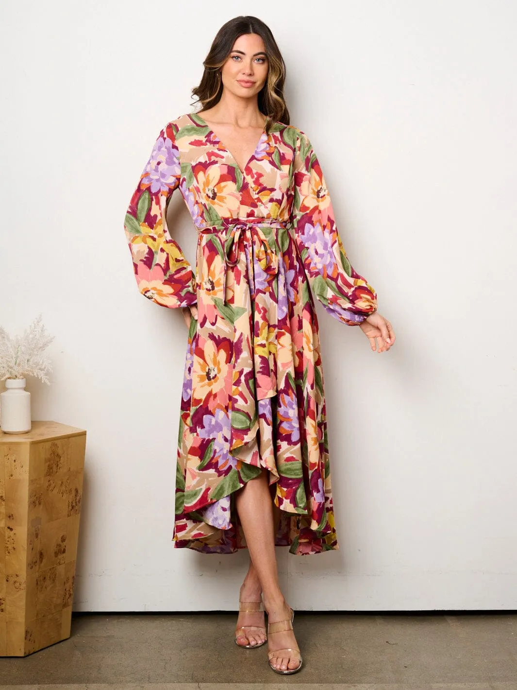WOMEN'S LONG SLEEVE SELF TIE HIGH-LOW FLORAL PRINT SURPLICE MIDI DRESS