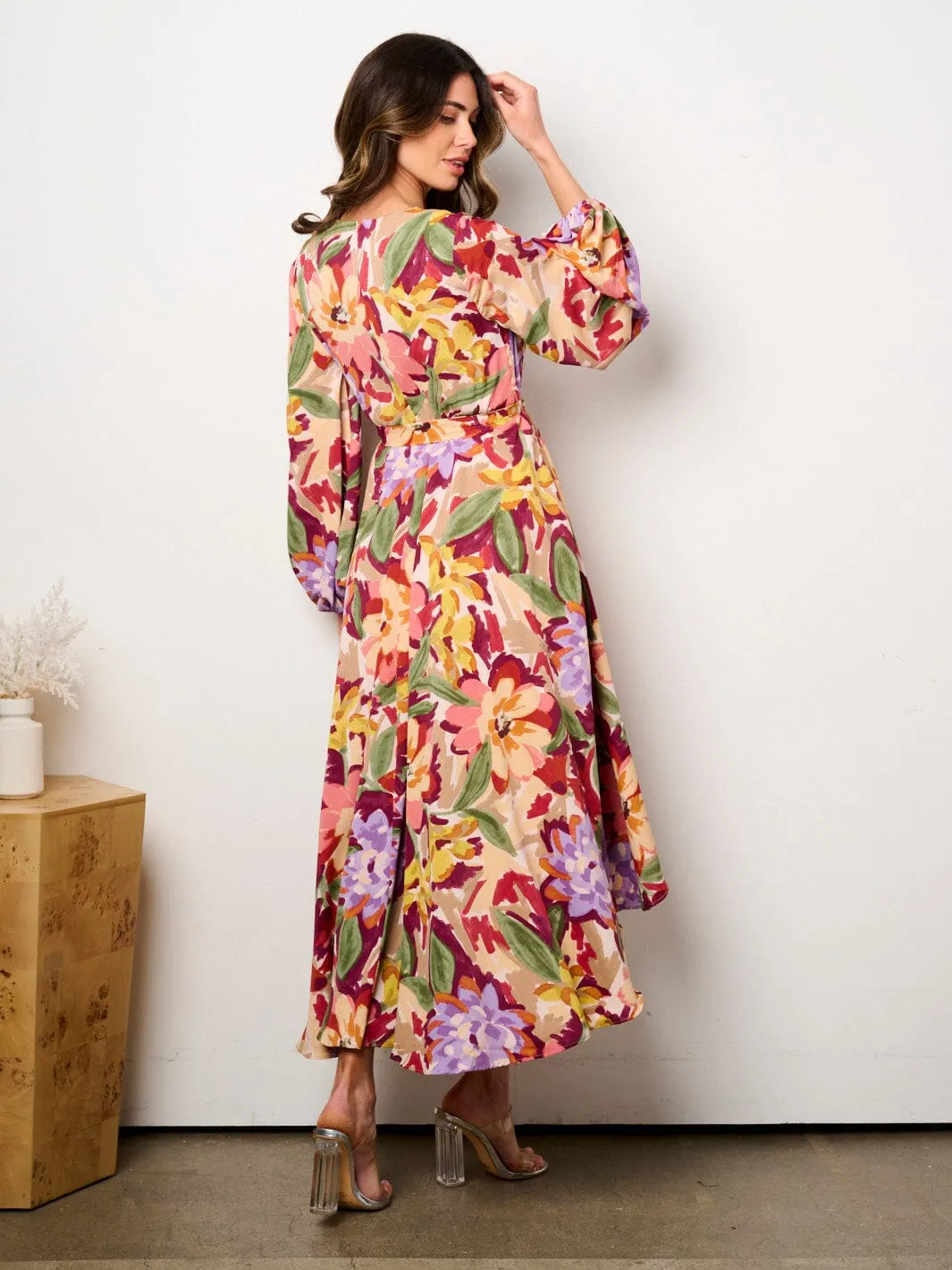 WOMEN'S LONG SLEEVE SELF TIE HIGH-LOW FLORAL PRINT SURPLICE MIDI DRESS