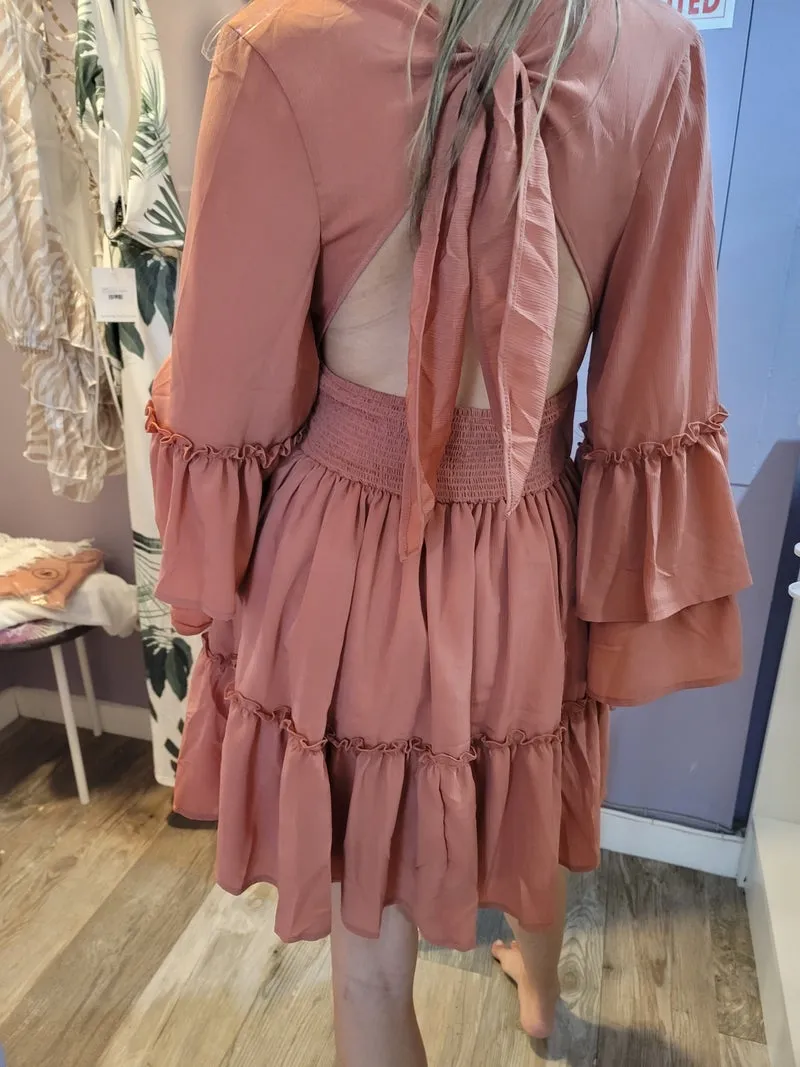 Women's long sleeve tie back ruffle mini dress