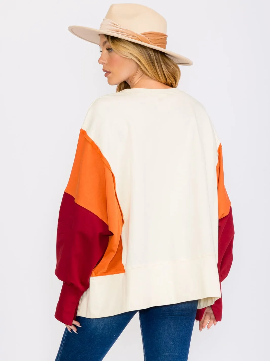 WOMEN'S LONG SLEEVES COLORBLOCK PULLOVER HIGH-LOW SWEATER