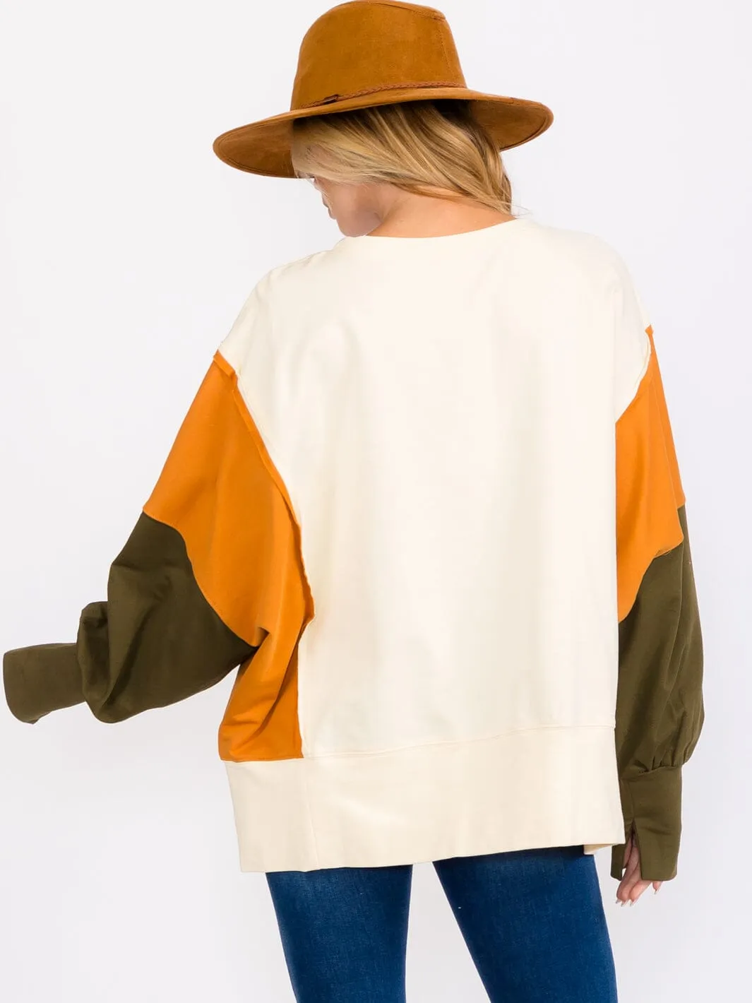 WOMEN'S LONG SLEEVES COLORBLOCK PULLOVER HIGH-LOW SWEATER