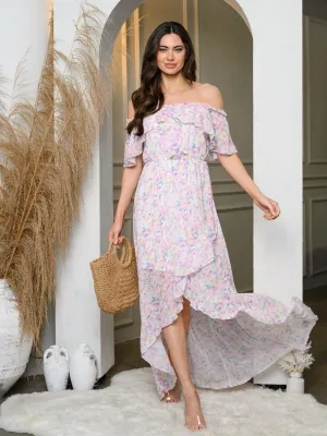 WOMEN'S OFF SHOULDER RUFFLE FLORAL HI-LOW MIDI DRESS