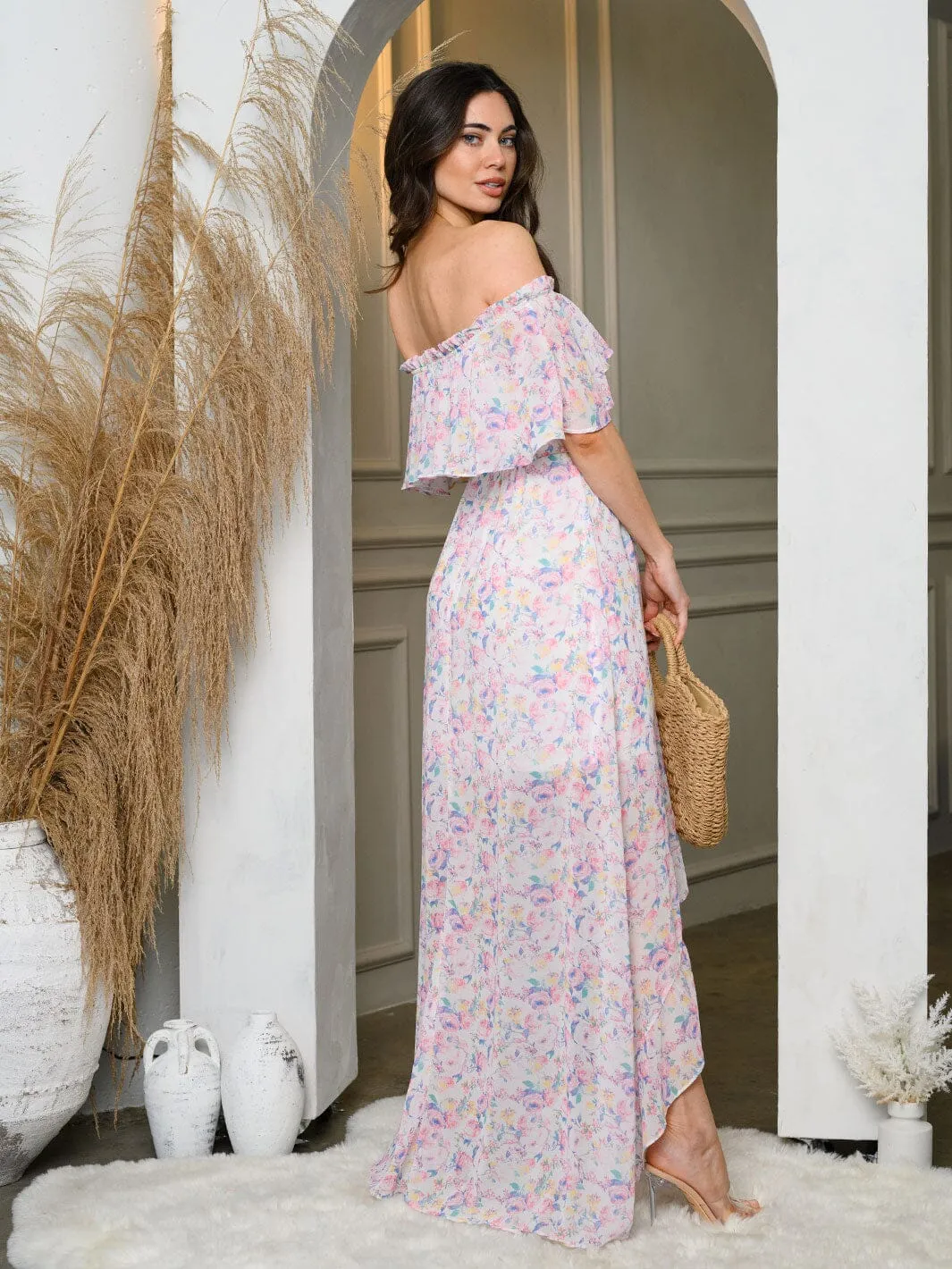 WOMEN'S OFF SHOULDER RUFFLE FLORAL HI-LOW MIDI DRESS
