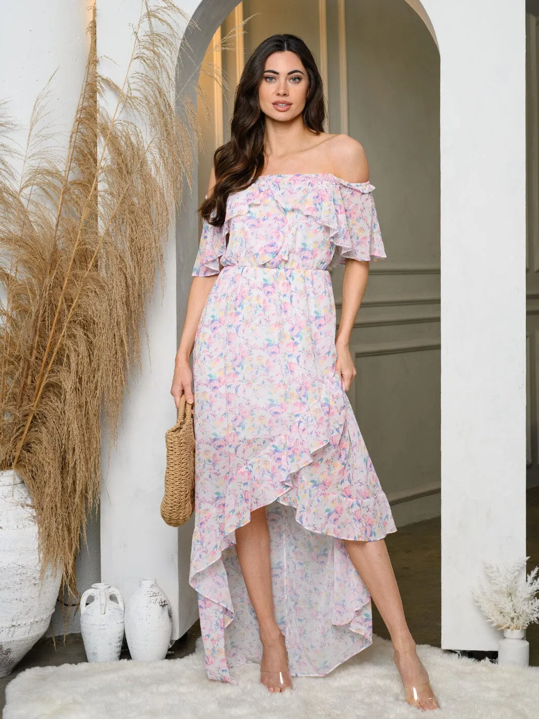 WOMEN'S OFF SHOULDER RUFFLE FLORAL HI-LOW MIDI DRESS