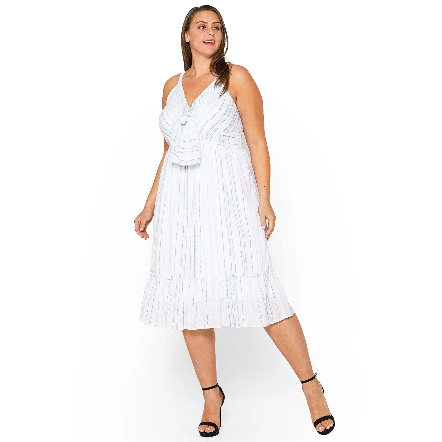 Women's Plus Size Tie Front Hem Midi Dress in Oceanstripe