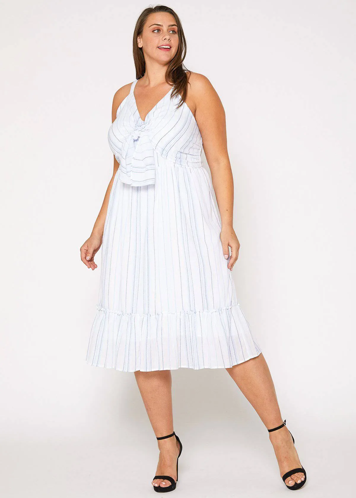 Women's Plus Size Tie Front Hem Midi Dress in Oceanstripe