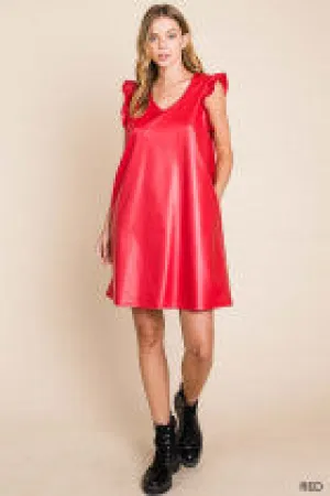 Women's Pu Ruffle Sleeve V Neck Dress