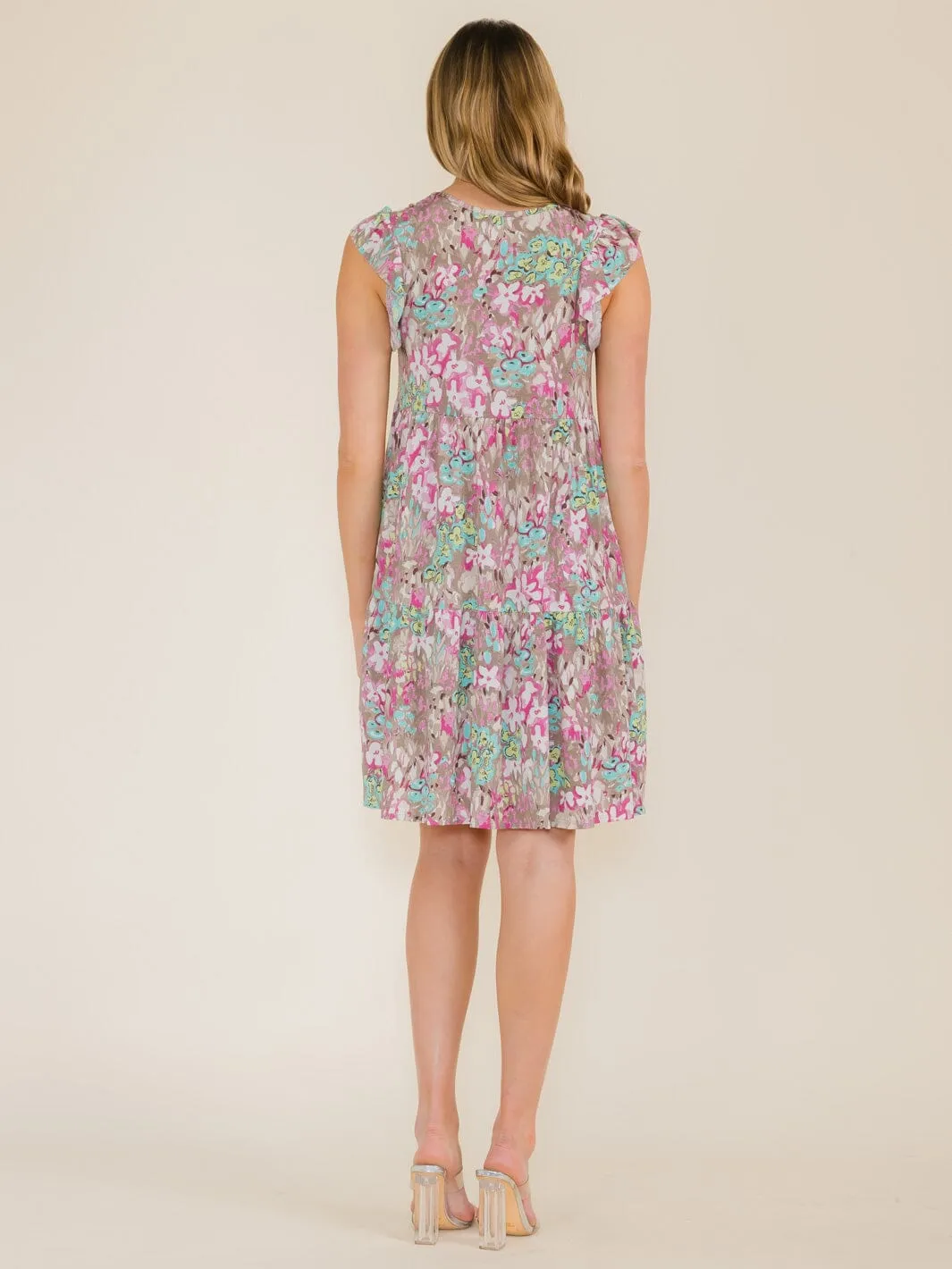 WOMEN'S RUFFLE SLEEVE FLORAL PRINT TUNIC HIGH-LOW FRONT POCKETS MINI DRESS