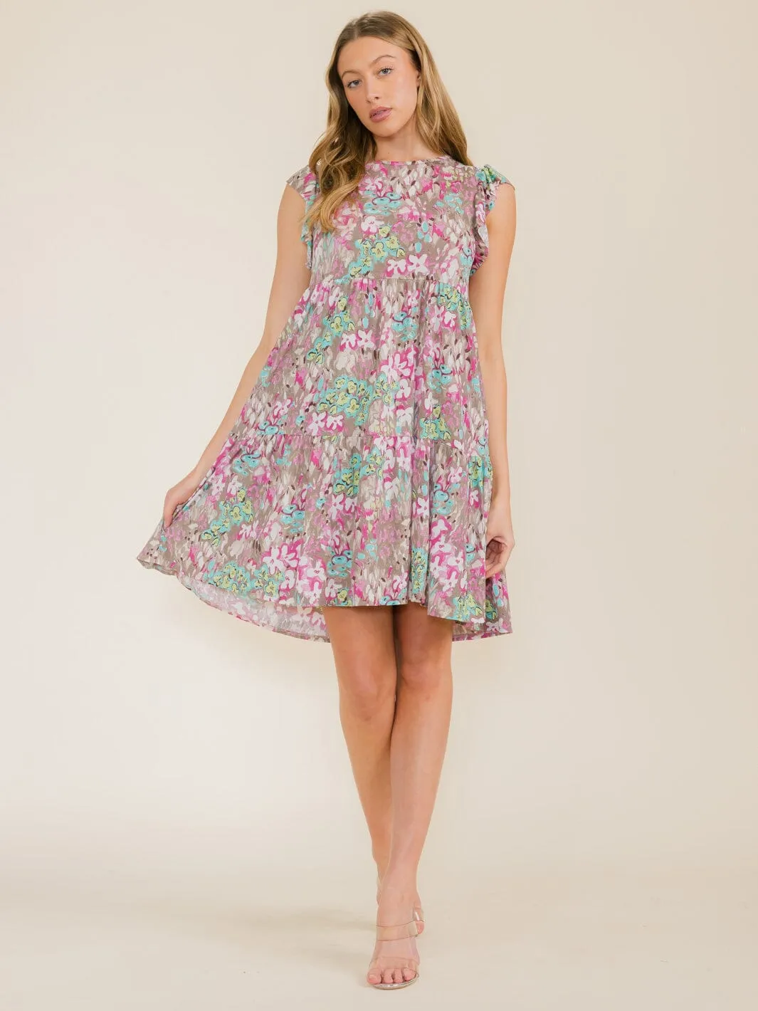 WOMEN'S RUFFLE SLEEVE FLORAL PRINT TUNIC HIGH-LOW FRONT POCKETS MINI DRESS