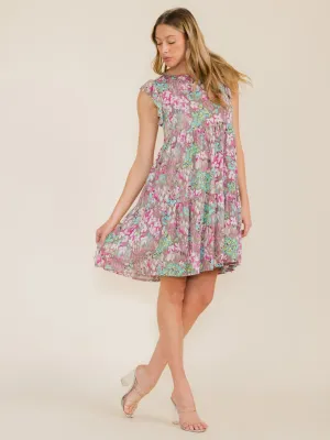 WOMEN'S RUFFLE SLEEVE FLORAL PRINT TUNIC HIGH-LOW FRONT POCKETS MINI DRESS