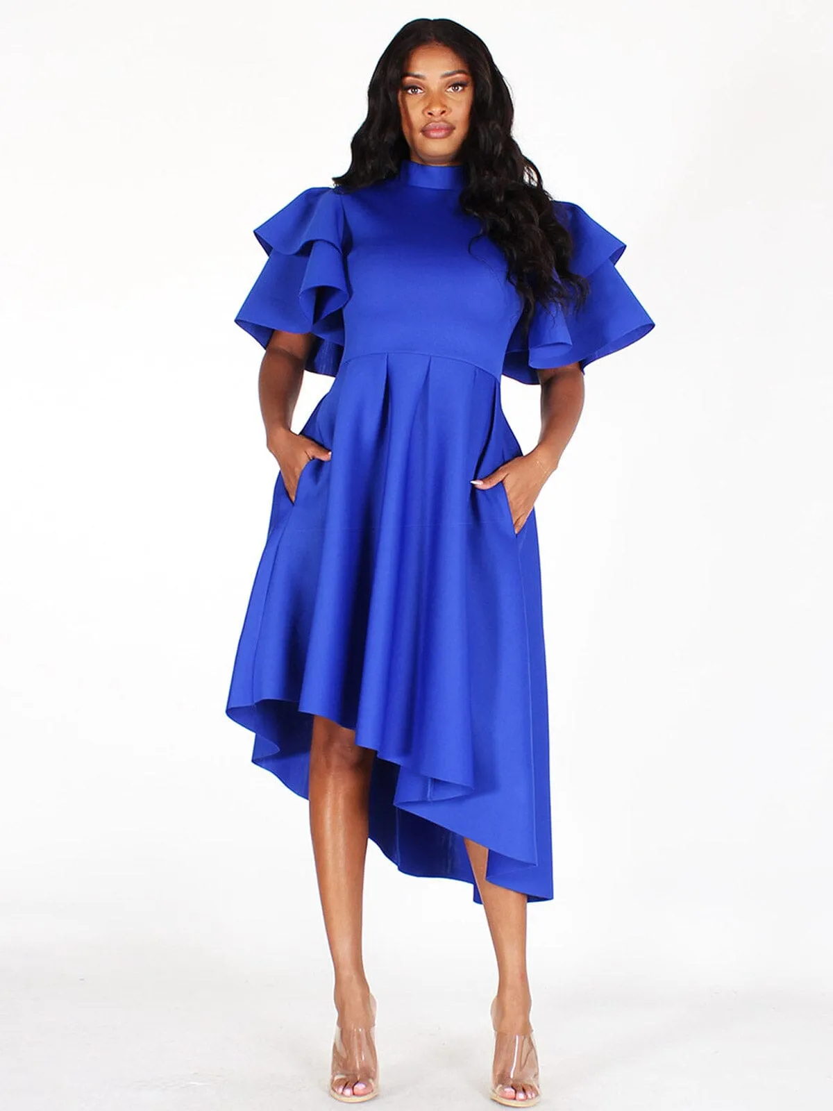 WOMEN'S SHORT RUFFLE SLEEVE POCKETS HIGH-LOW MIDI DRESS