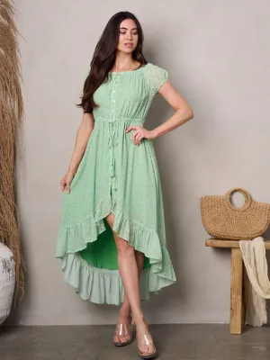 WOMEN'S SHORT SLEEVE PRINTED HIGH-LOW MIDI DRESS