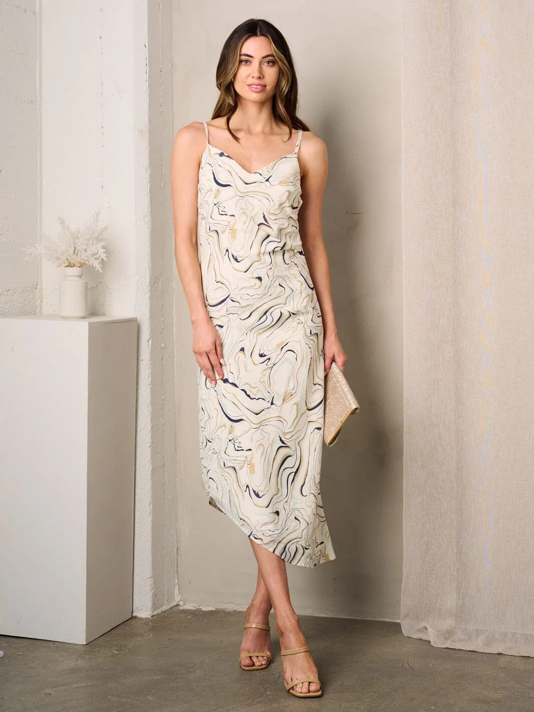 WOMEN'S SLEEVELESS COWL NECK PRINTED MIDI DRESS