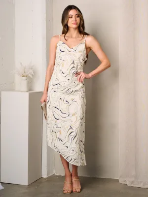WOMEN'S SLEEVELESS COWL NECK PRINTED MIDI DRESS