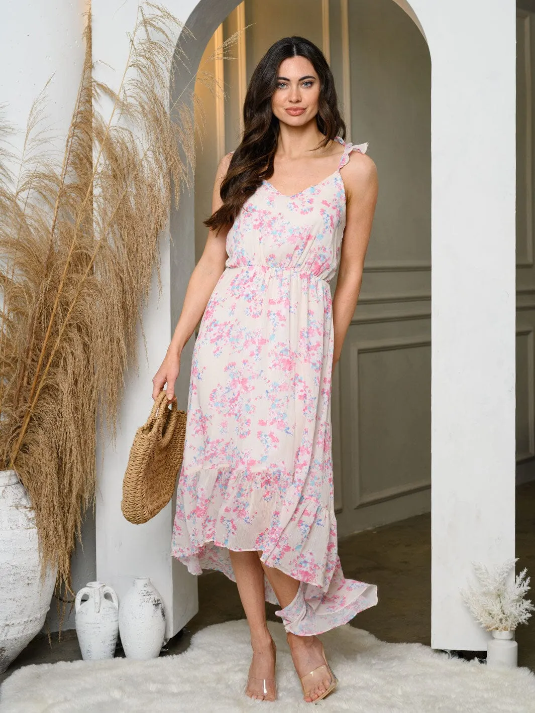 WOMEN'S SLEEVELESS FLORAL HI-LOW MIDI DRESS