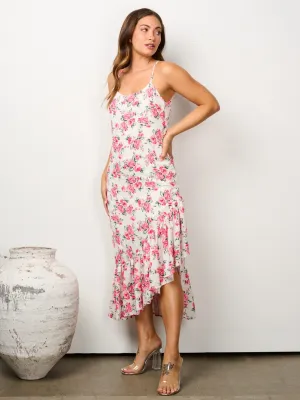 WOMEN'S SLEEVELESS RUFFLE HEM HIGH LOW FLORAL MIDI DRESS