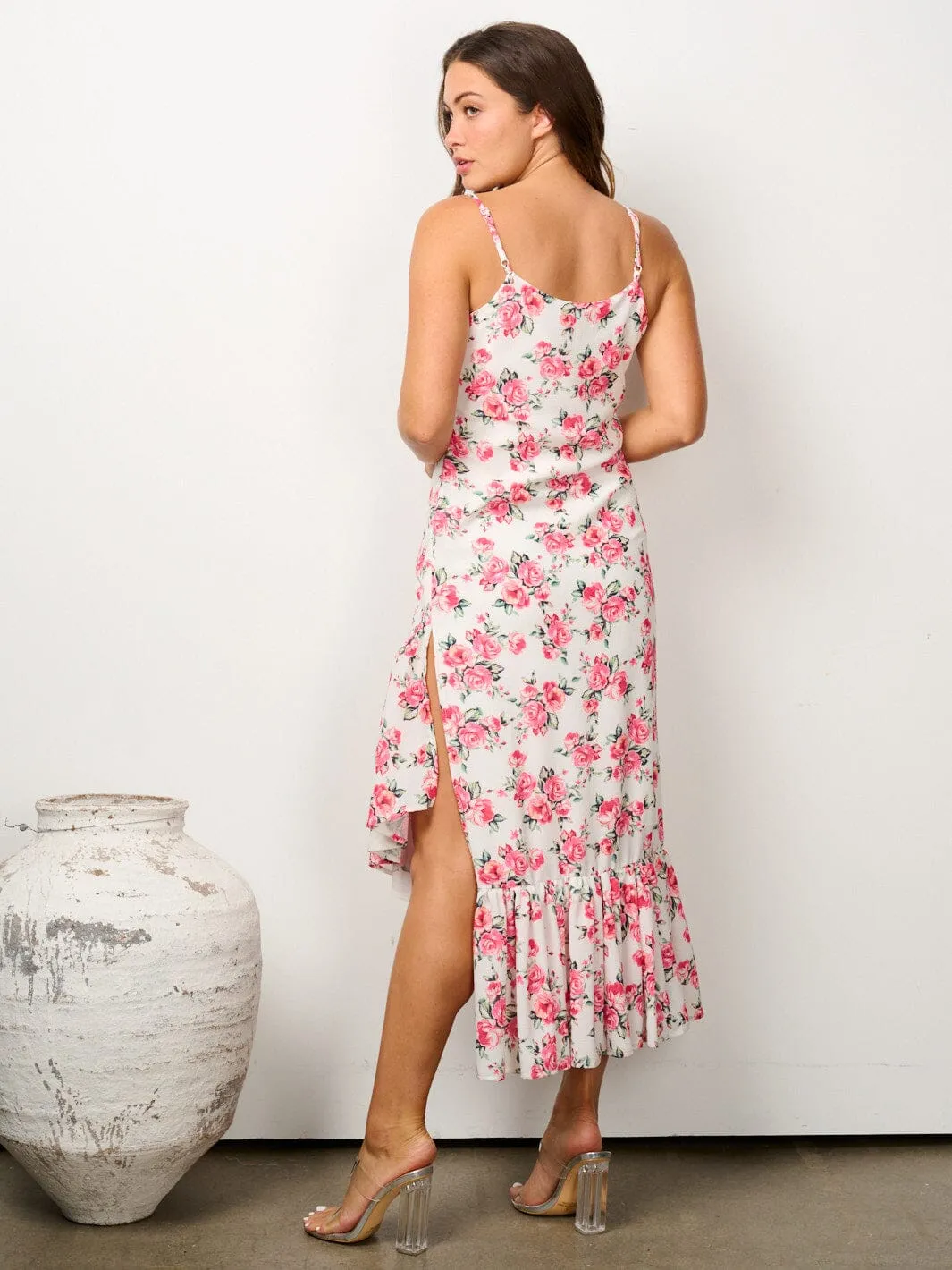 WOMEN'S SLEEVELESS RUFFLE HEM HIGH LOW FLORAL MIDI DRESS