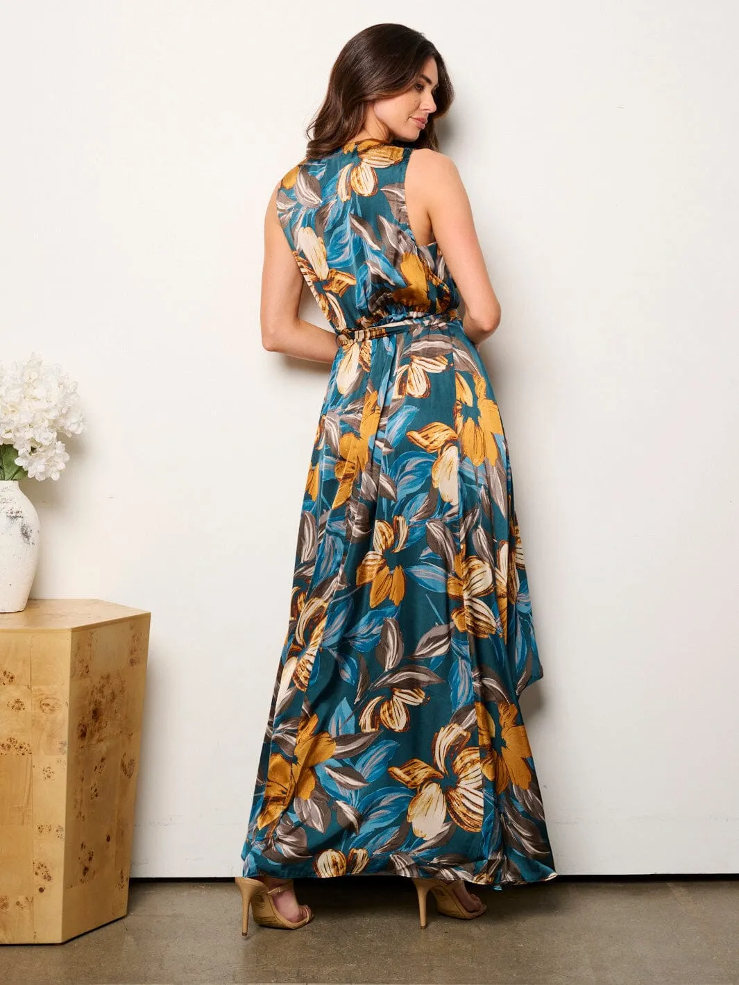 WOMEN'S SLEEVELESS SURPLICE FLORAL HIGH-LOW MAXI DRESS