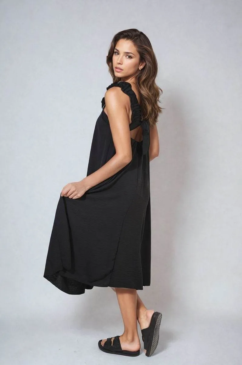 Womens Square Neckline Ruffle Straps Tie Detail Beach Midi Dress
